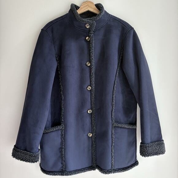 LL BEAN Womens Large Faux Suede Sherpa Lined Button Coat Jacket Navy Blue Gray - Picture 1 of 13